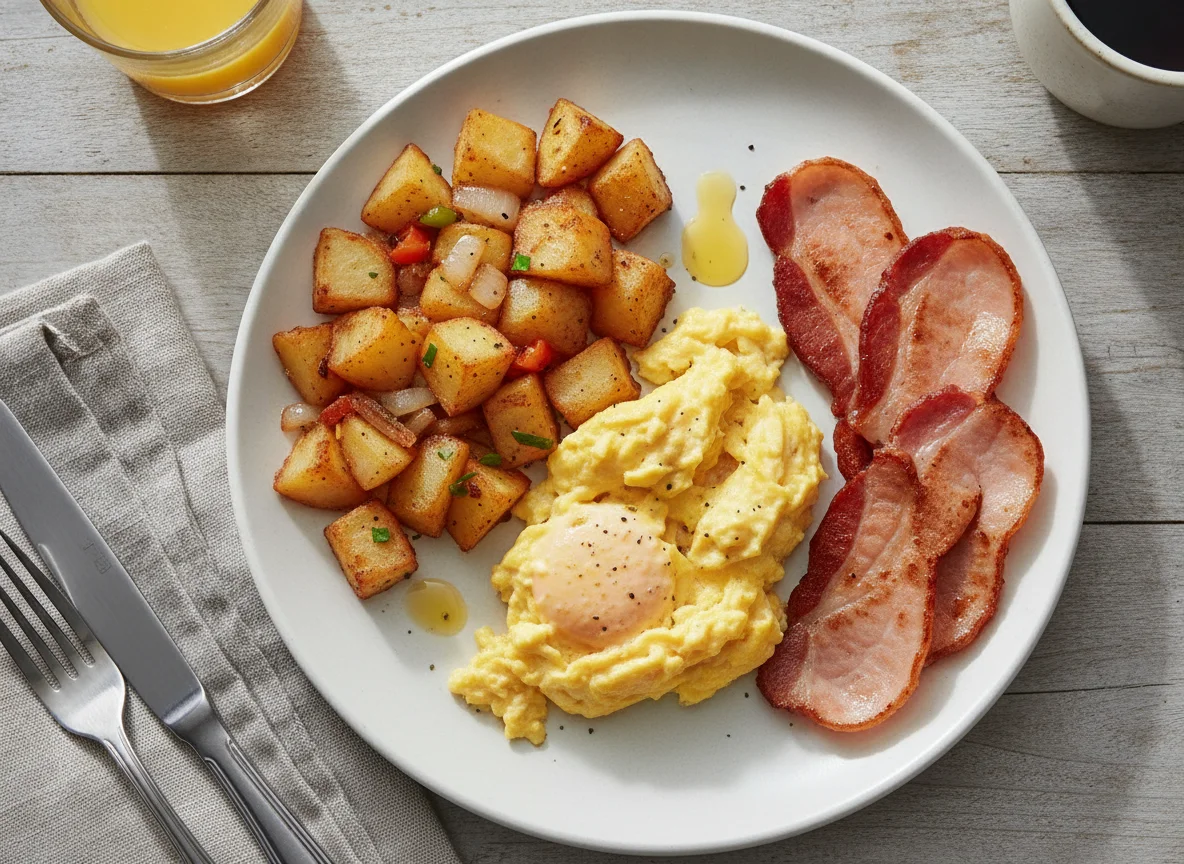 Breakfast plate with scrambled eggs, back bacon, and home fries photo
