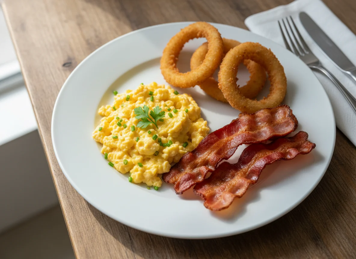 Breakfast Plate with Scrambled Eggs, Bacon, and Onion Rings photo