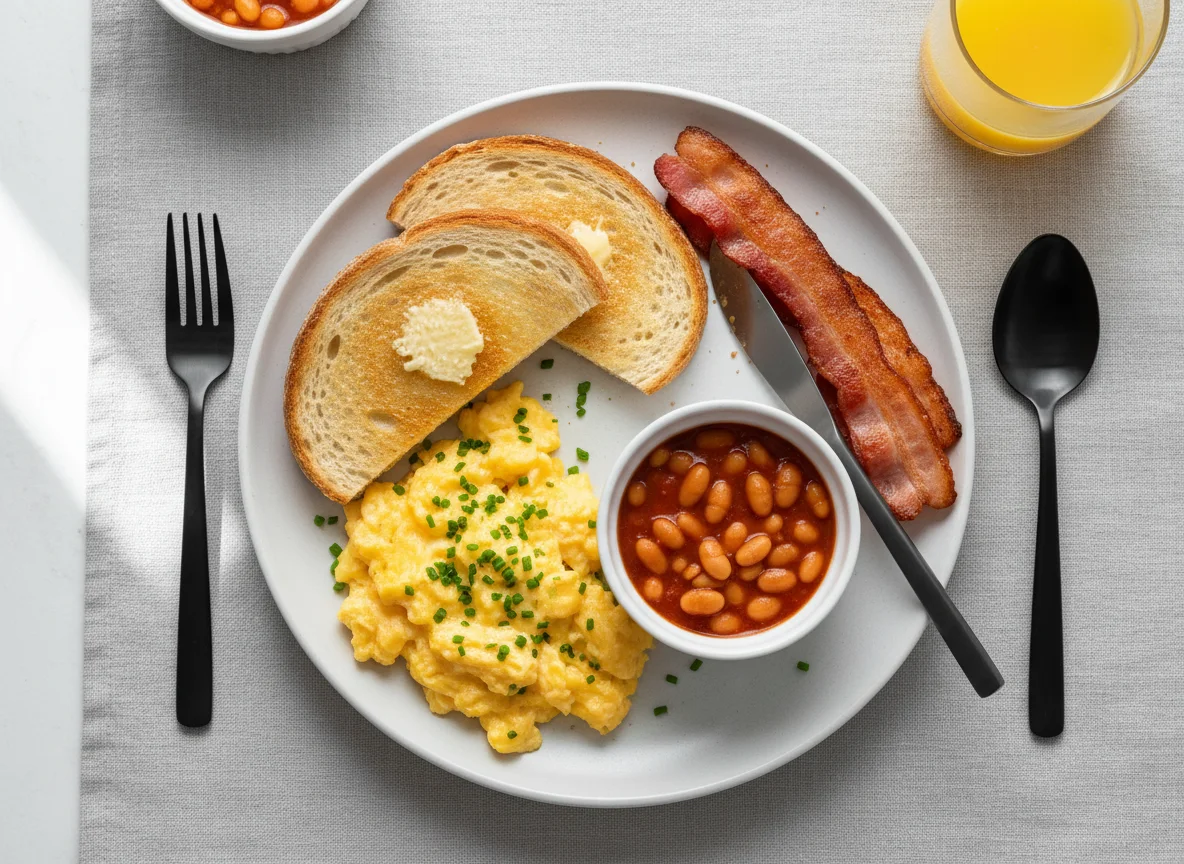 Breakfast plate with scrambled eggs, bacon, baked beans, and toast photo
