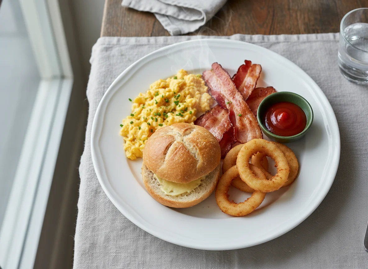 Breakfast plate with scrambled eggs, bacon, bread roll, and onion rings photo