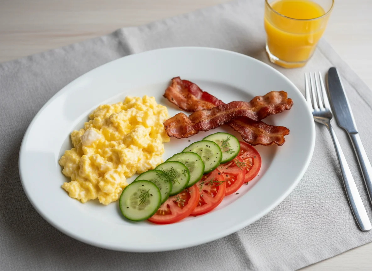 Breakfast Plate with Scrambled Eggs, Bacon, Cucumber, and Tomato photo