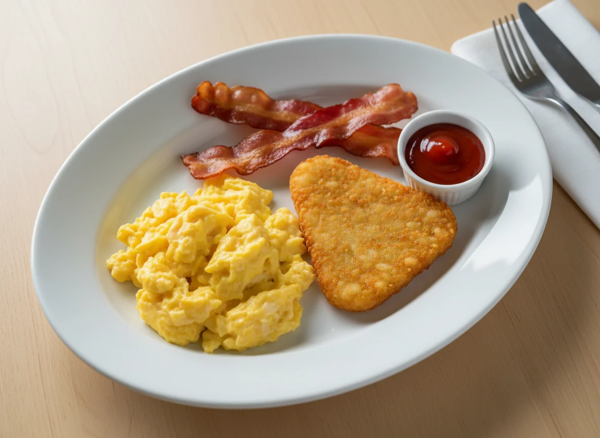 Breakfast Plate with Scrambled Eggs, Bacon, Hash Browns, and Ketchup photo