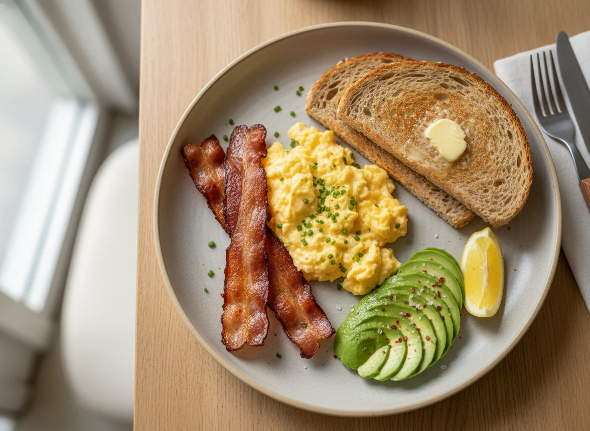 Breakfast Plate with Scrambled Eggs, Bacon, Toast, and Avocado photo