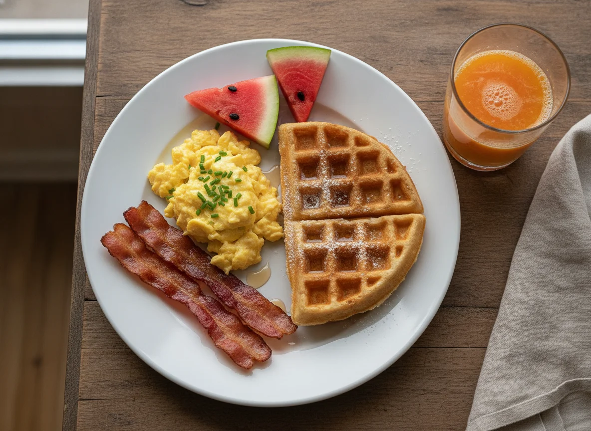Breakfast plate with scrambled eggs, bacon, waffle, watermelon and orange juice photo