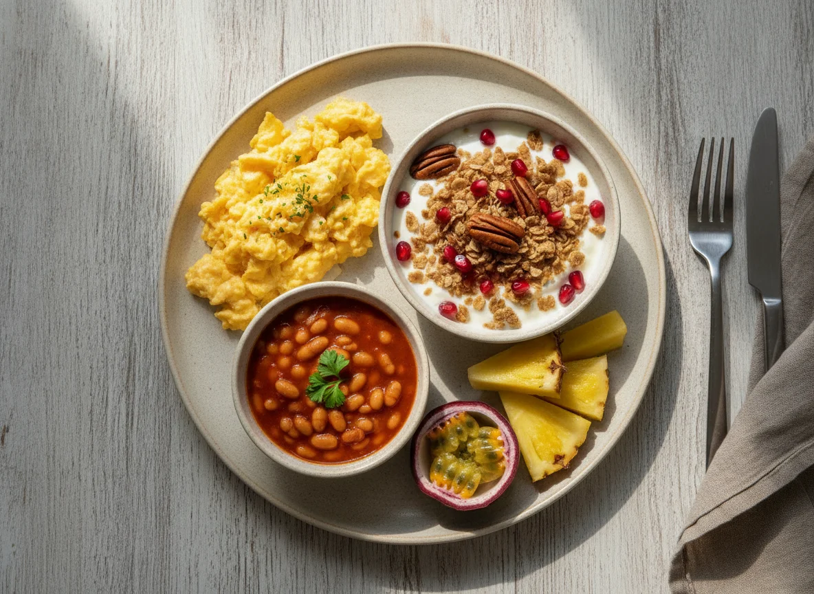 Breakfast plate with scrambled eggs, baked beans, yogurt, and fruit photo