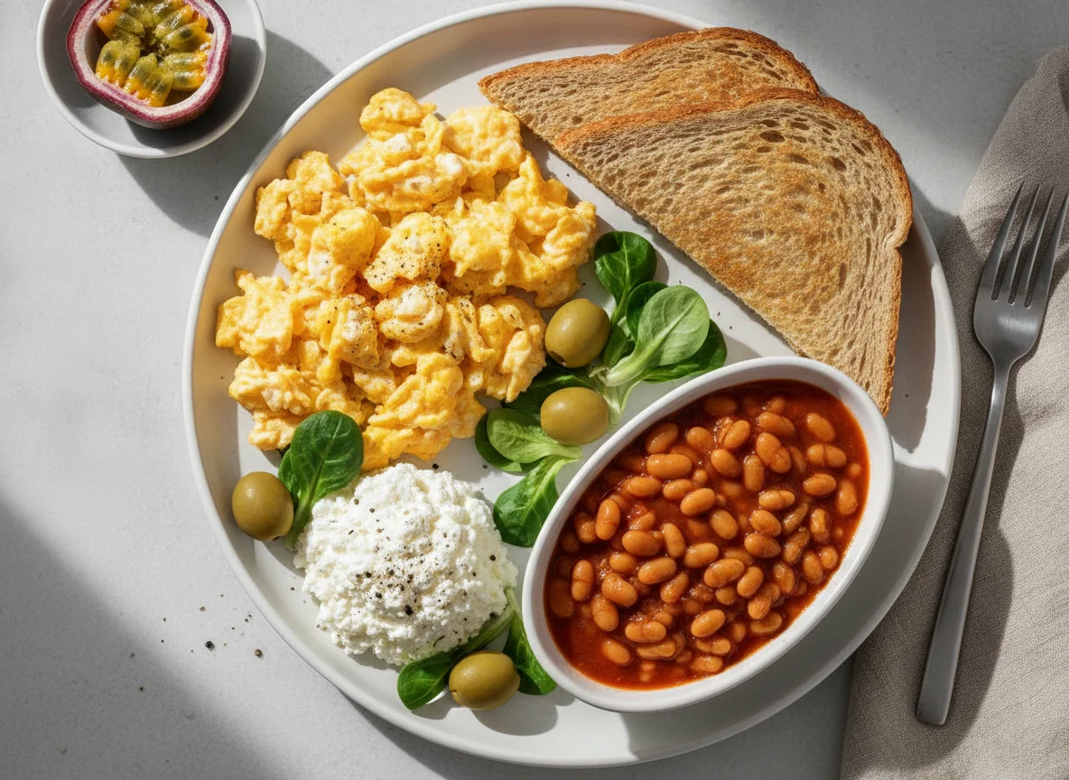 Breakfast plate with scrambled eggs, beans, and toast photo