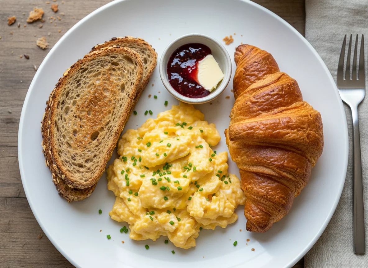 Breakfast Plate with Scrambled Eggs, Bread, and Croissant photo