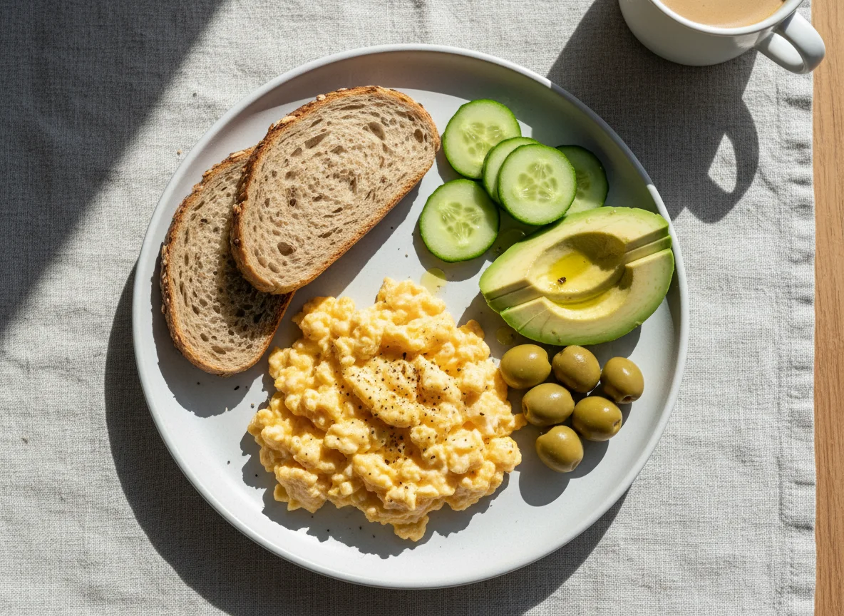 Breakfast plate with scrambled eggs, bread, avocado, cucumber, and olives photo