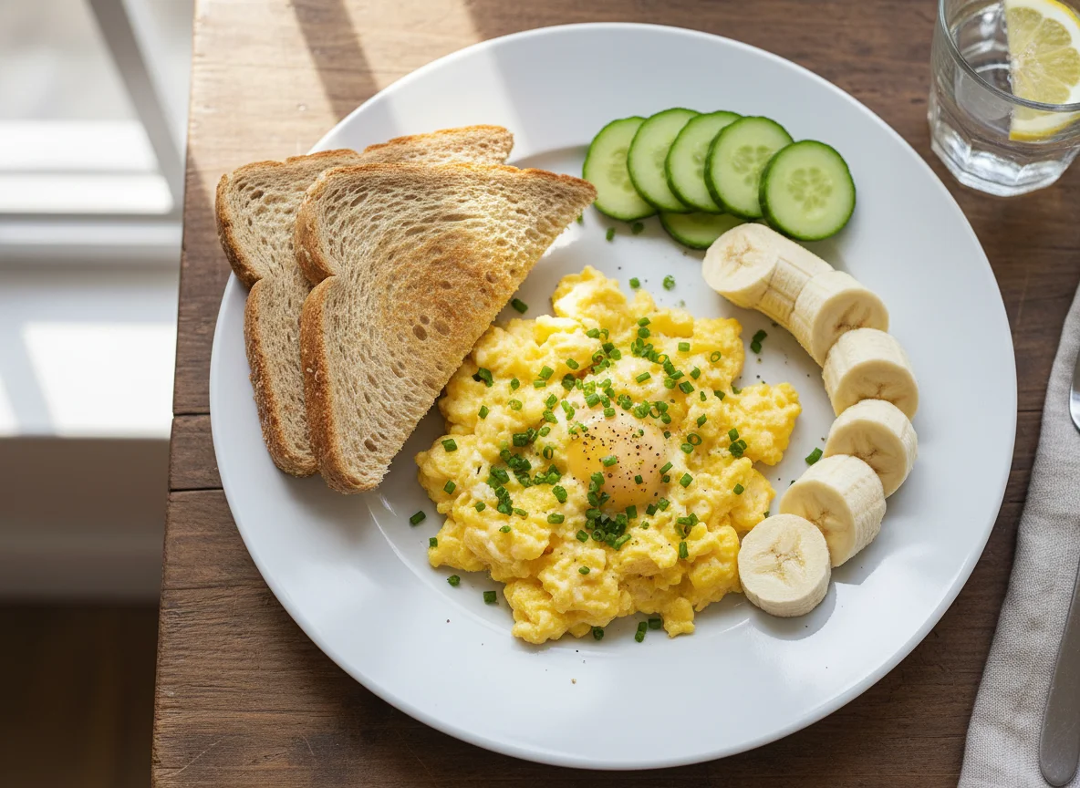 Breakfast Plate with Scrambled Eggs, Bread, Banana, and Cucumber photo