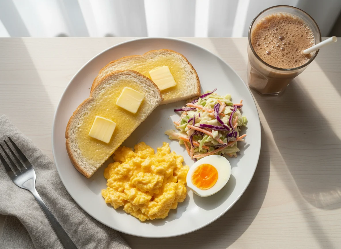 Breakfast Plate with Scrambled Eggs, Bread, Salad, and Boiled Egg photo