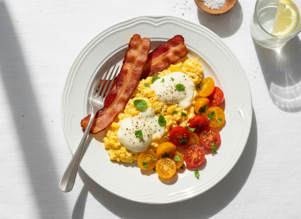 Breakfast Plate with Scrambled Eggs, Cheese, and Tomatoes photo