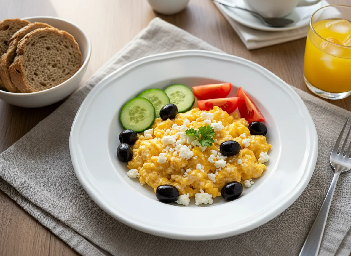 Breakfast plate with scrambled eggs, cheese, olives, and vegetables photo