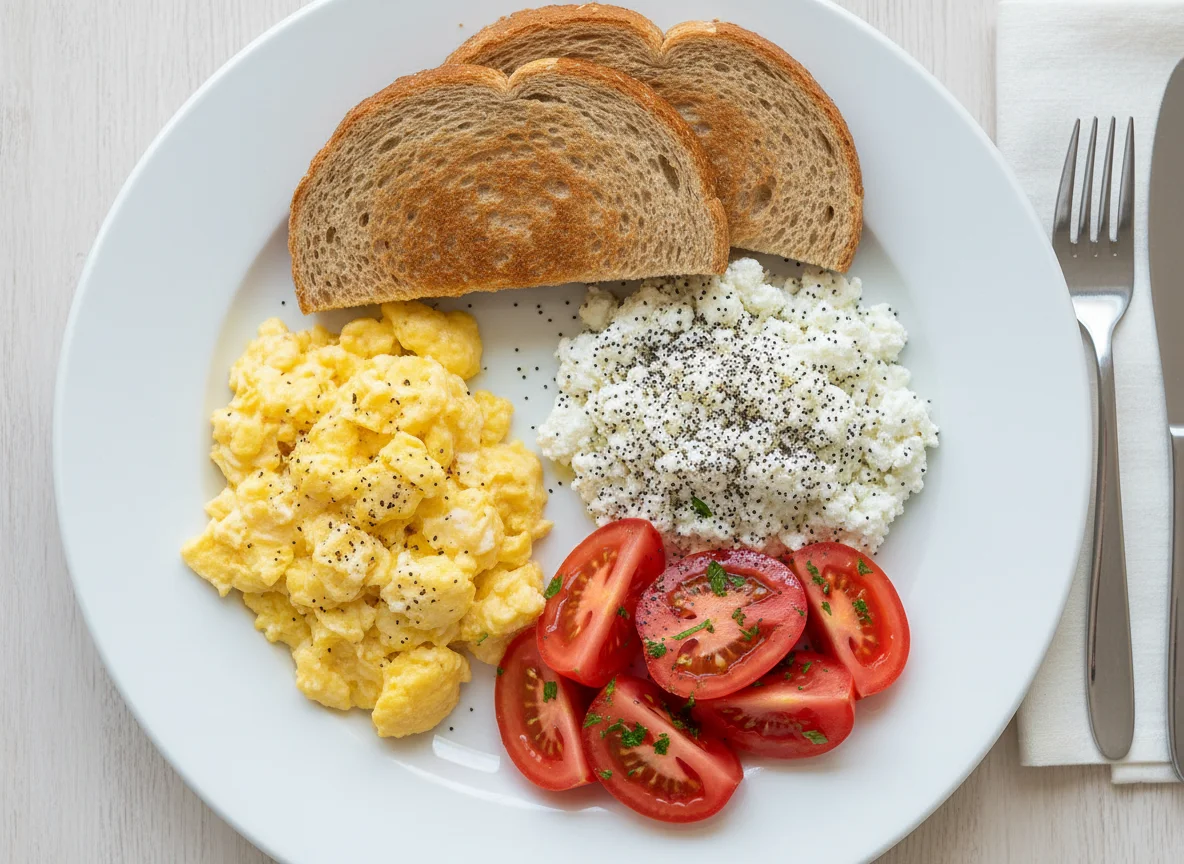 Breakfast Plate with Scrambled Eggs, Cottage Cheese, and Toast photo