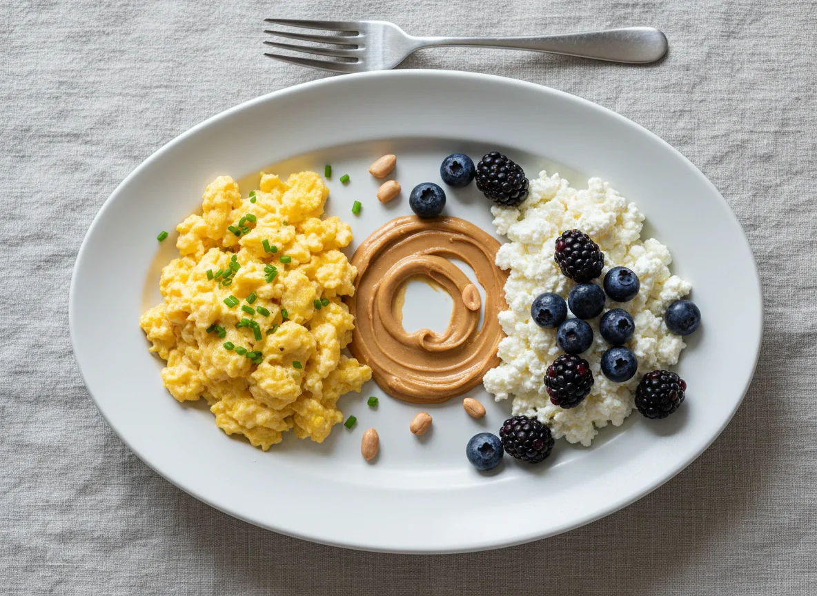 Breakfast Plate with Scrambled Eggs, Cottage Cheese, and Berries photo