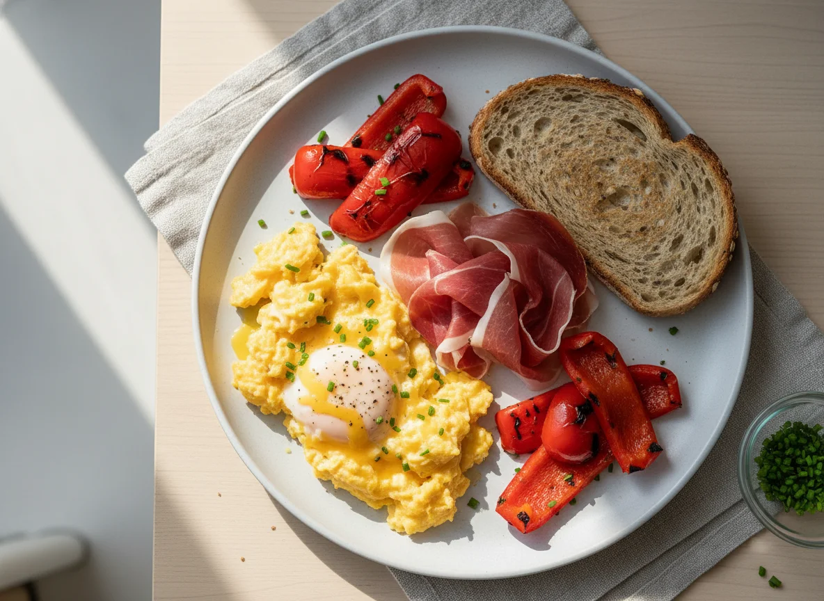 Breakfast plate with scrambled eggs, cured meat, bread, and bell pepper photo