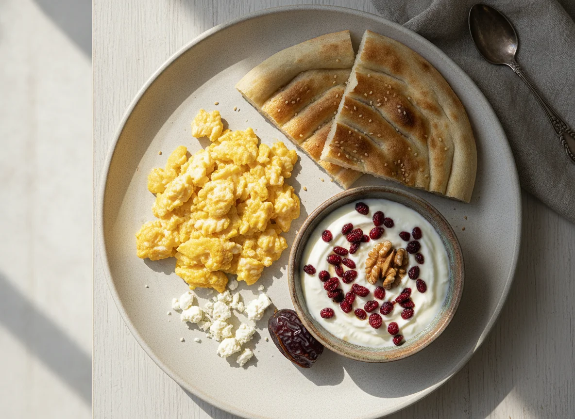 Breakfast plate with scrambled eggs, flatbread, and yogurt photo
