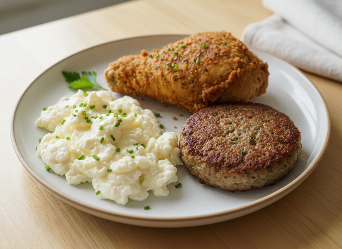 Breakfast Plate with Scrambled Eggs, Fried Chicken, and Sausage Patty photo