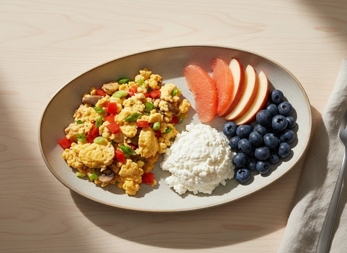 Breakfast plate with scrambled eggs, fruit, and cottage cheese photo