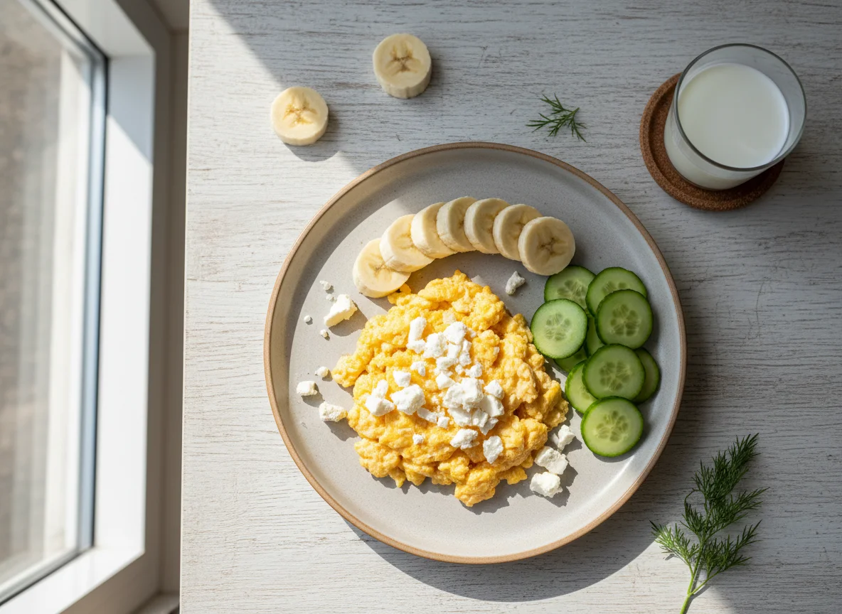 Breakfast Plate with Scrambled Eggs, Fruit, Vegetables, and Milk photo