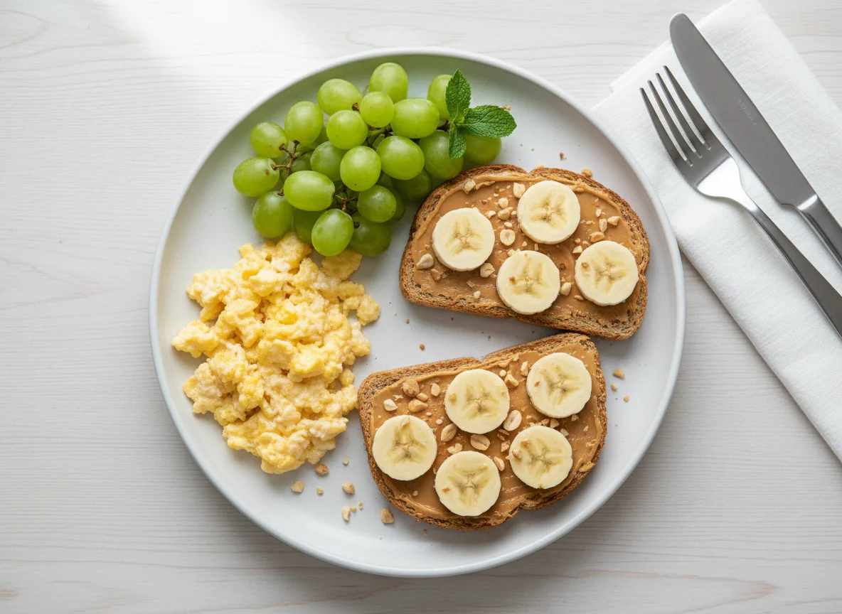 Breakfast Plate with Scrambled Eggs, Grapes, and Peanut Butter Banana Toast photo