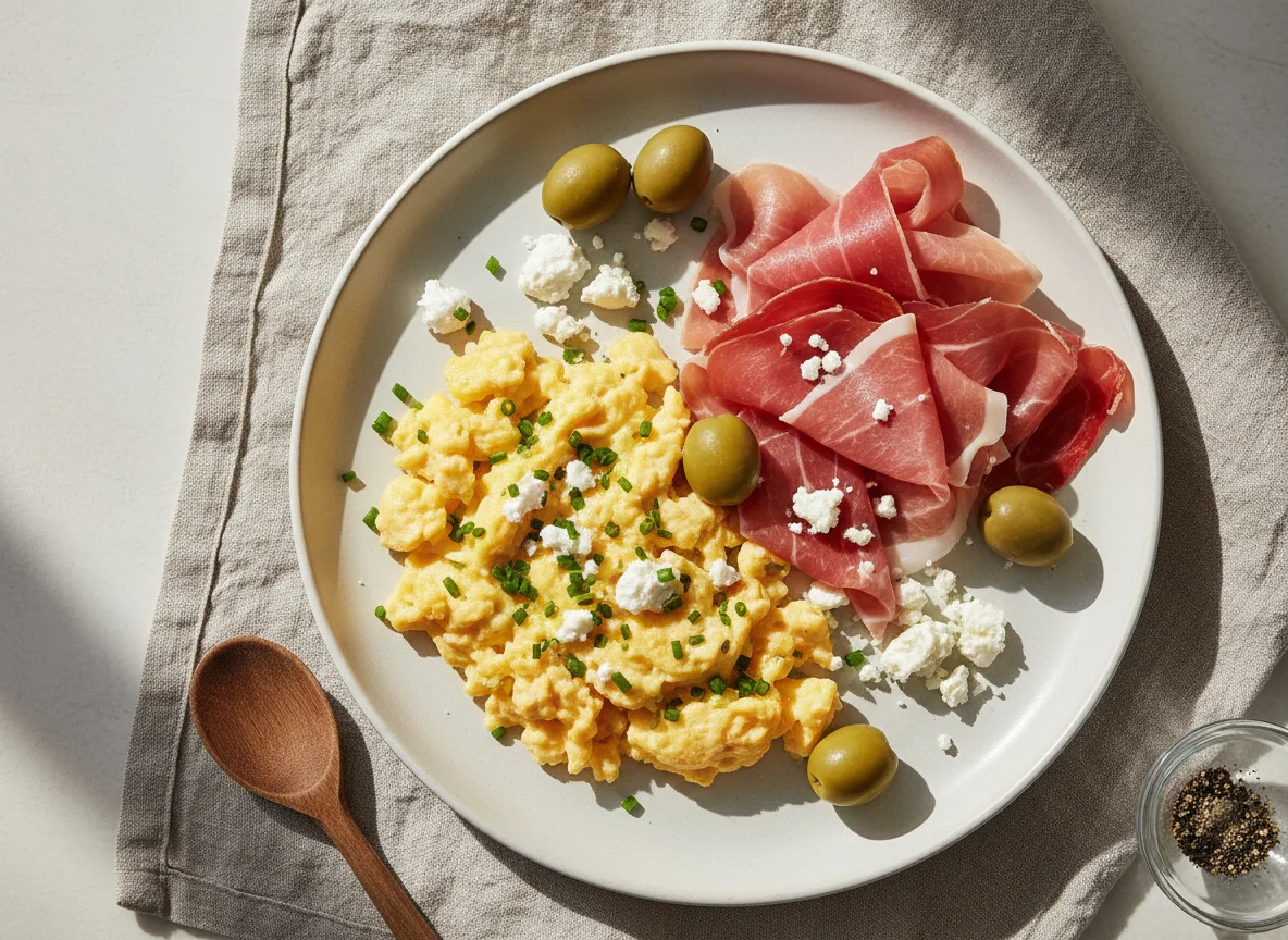 Breakfast plate with scrambled eggs, ham, and cheese photo