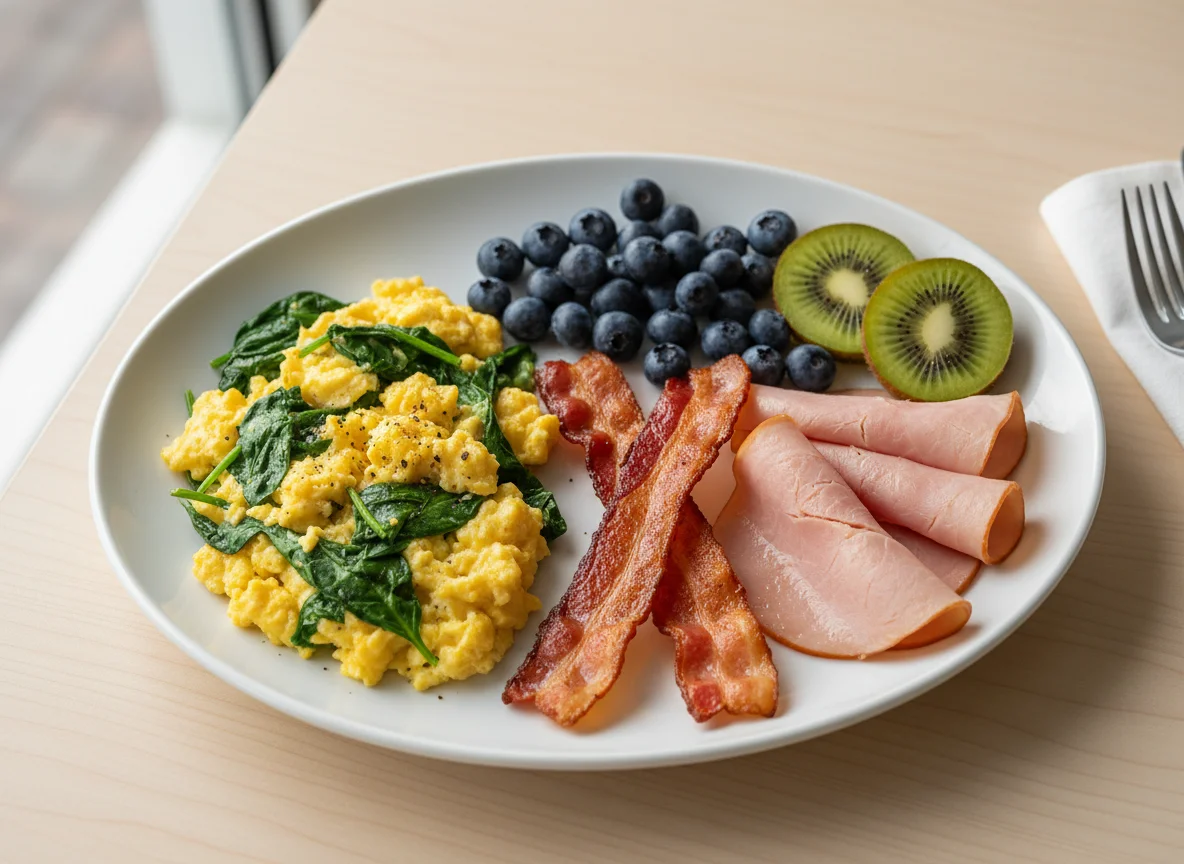 Breakfast Plate with Scrambled Eggs, Ham, and Fruit photo