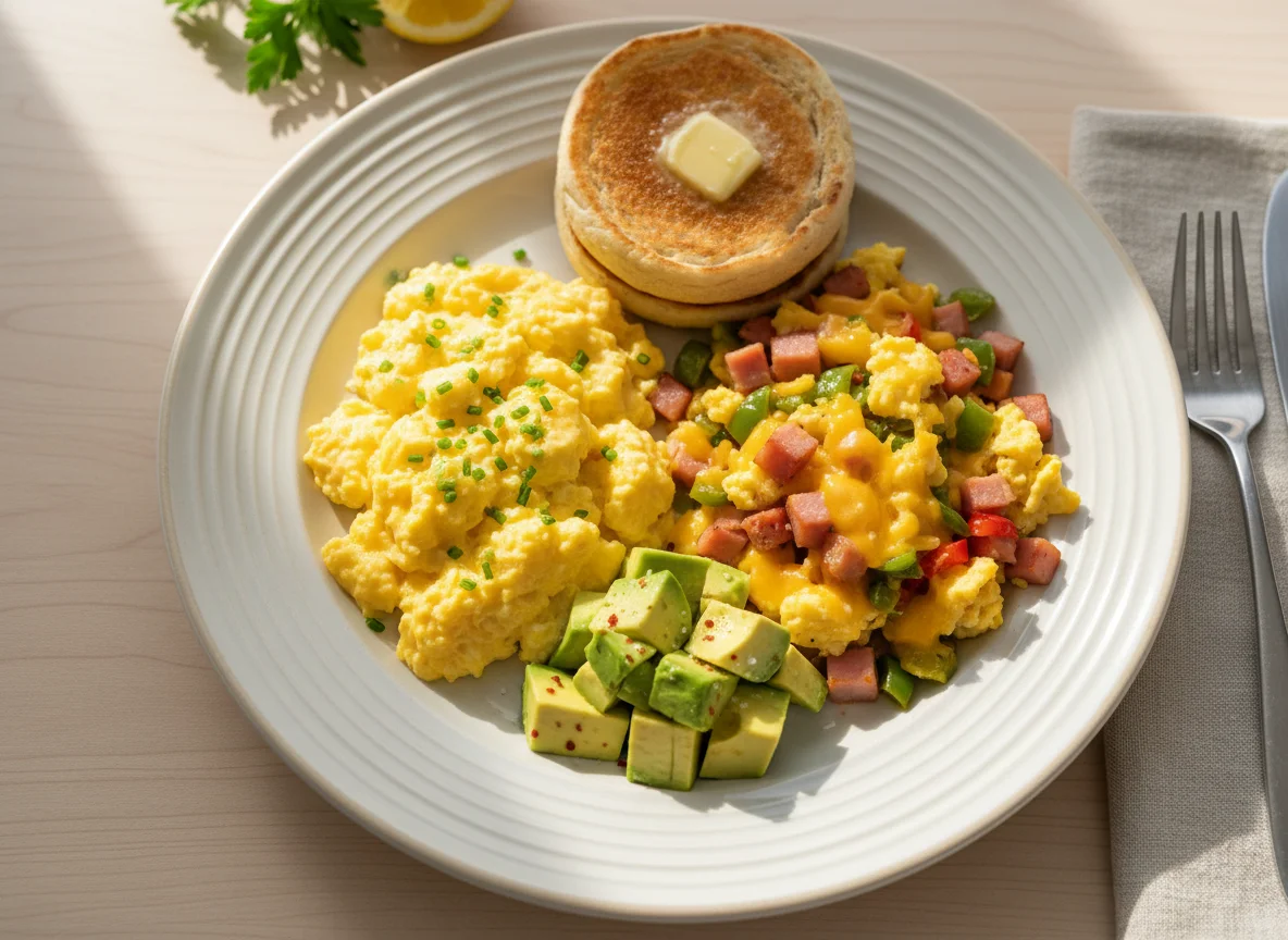 Breakfast Plate with Scrambled Eggs, Ham & Cheese Scramble, and Avocado photo
