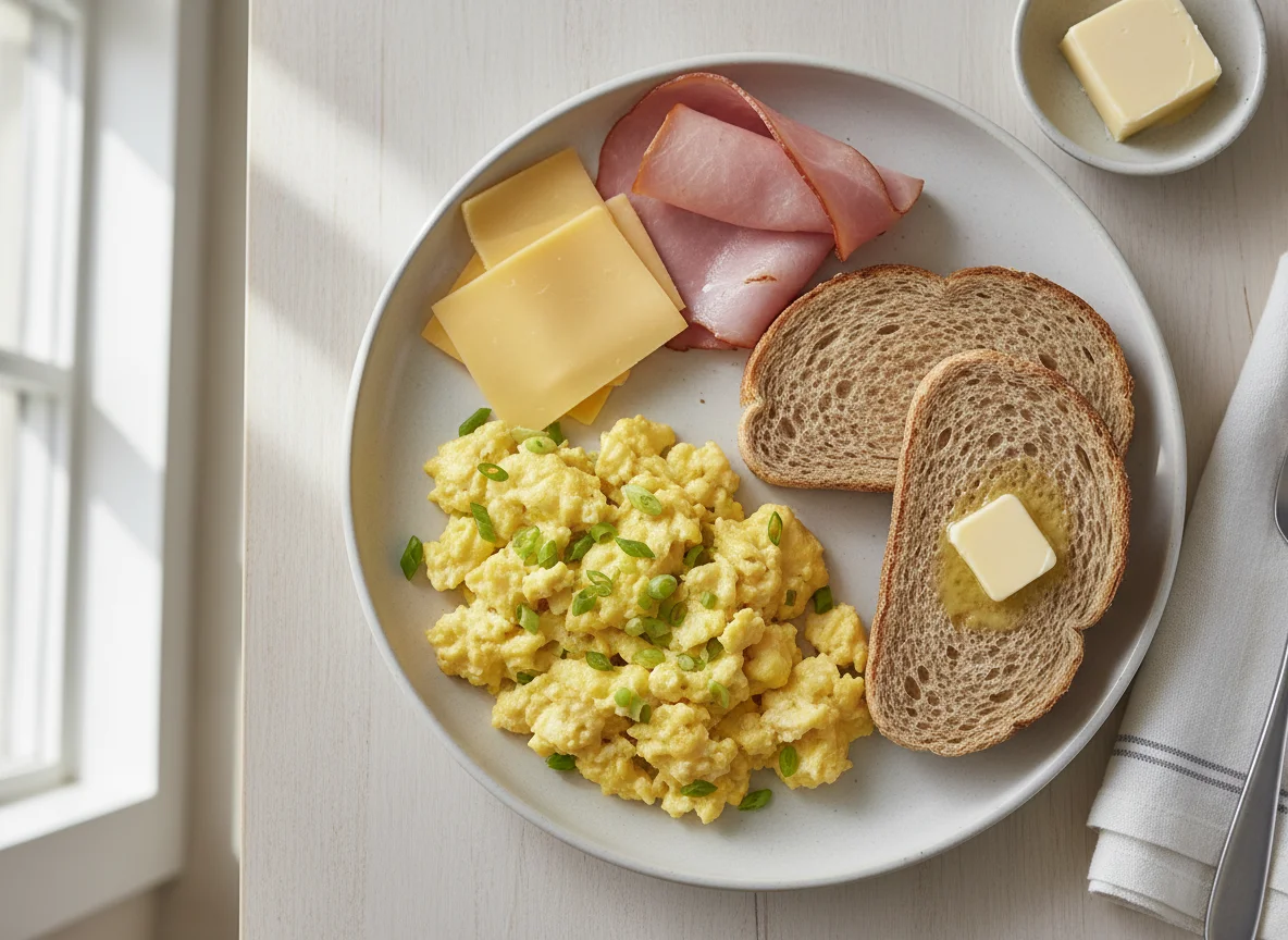 Breakfast plate with scrambled eggs, ham, cheese, toast, and butter photo