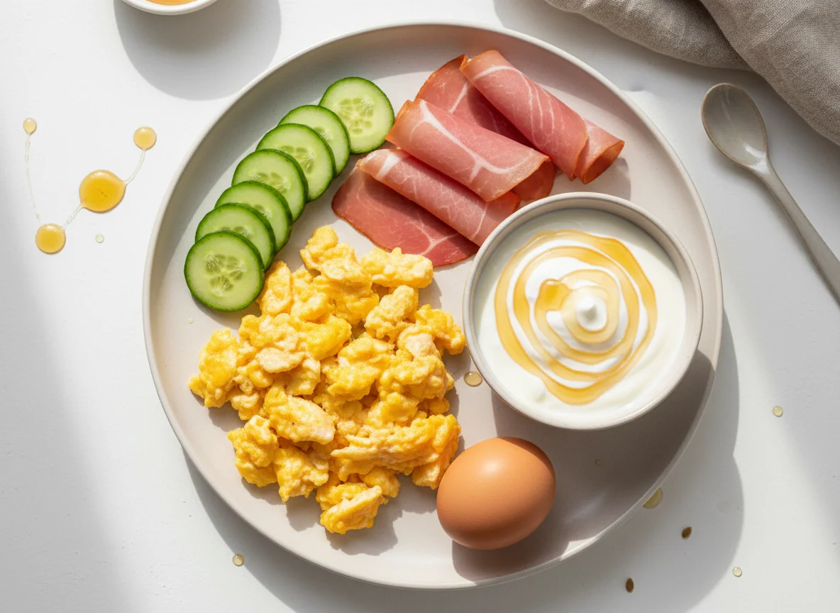 Breakfast plate with scrambled eggs, ham, cucumber, and yogurt with honey photo