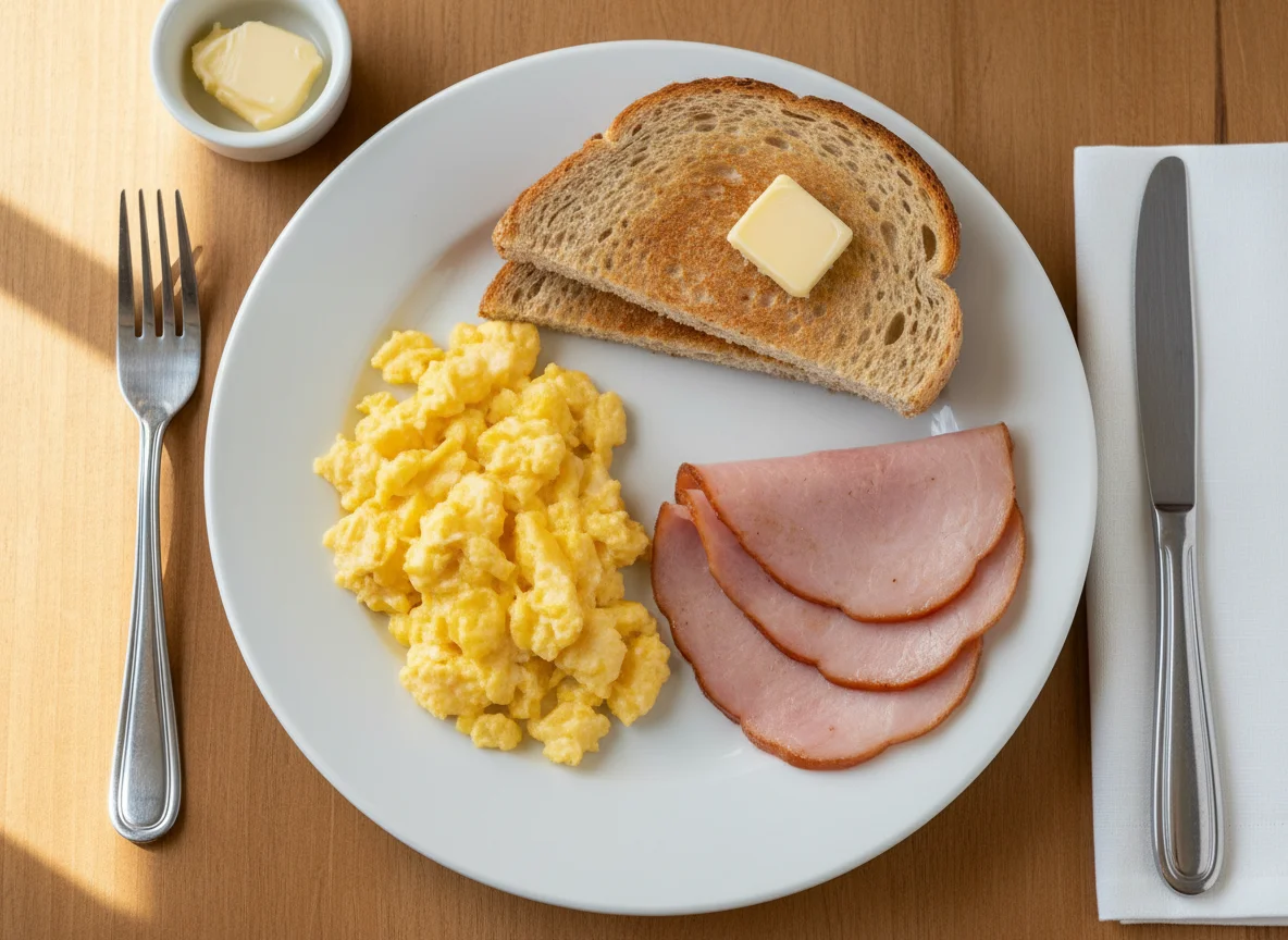 Breakfast plate with scrambled eggs, ham, toast, and butter photo