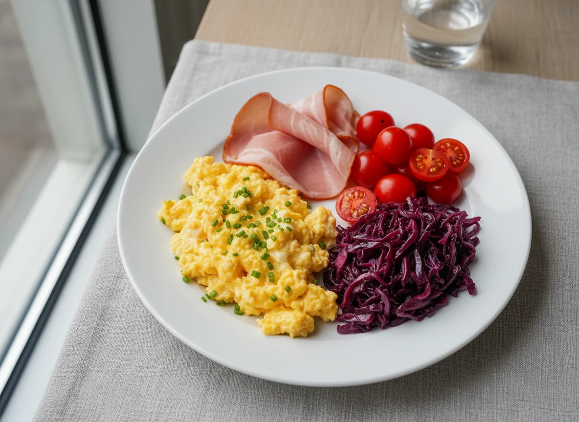 Breakfast Plate with Scrambled Eggs, Ham, Tomatoes, and Braised Cabbage photo