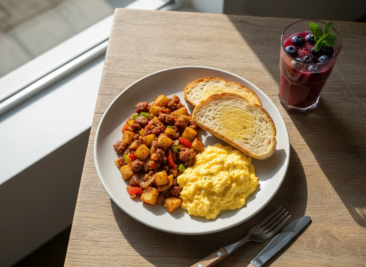 Breakfast Plate with Scrambled Eggs, Hash, Toast, and Juice photo