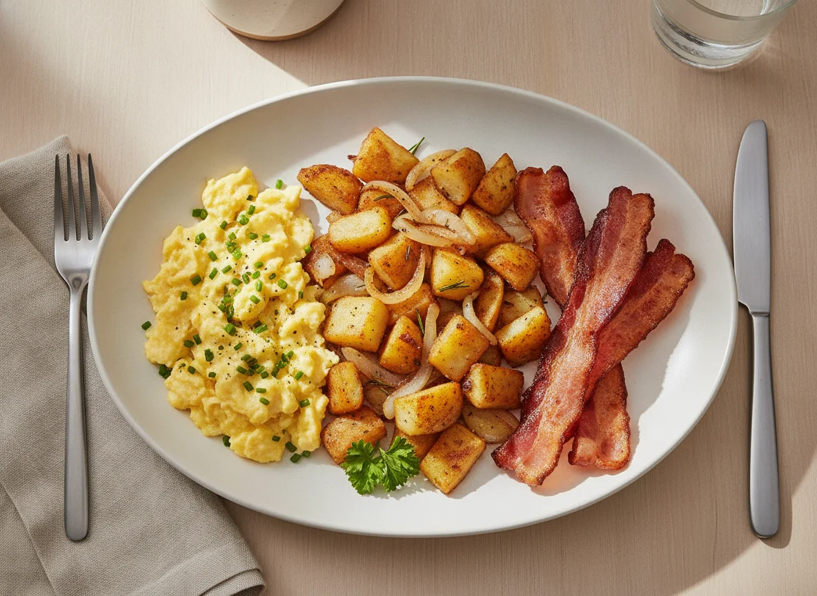 Breakfast plate with scrambled eggs, home fries, and turkey bacon photo