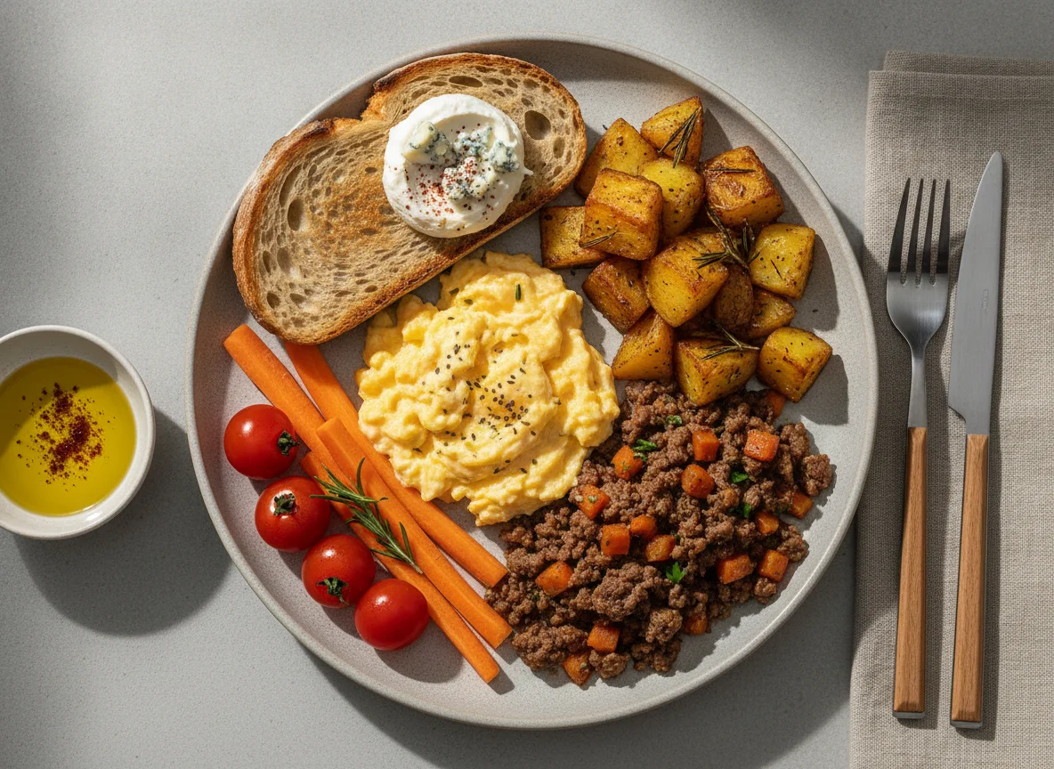 Breakfast plate with scrambled eggs, minced meat, and roasted potatoes photo