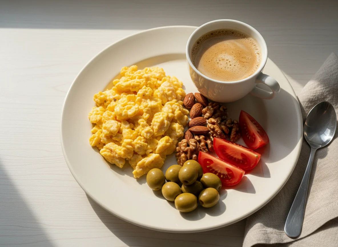 Breakfast plate with scrambled eggs, nuts, olives, and tomato photo