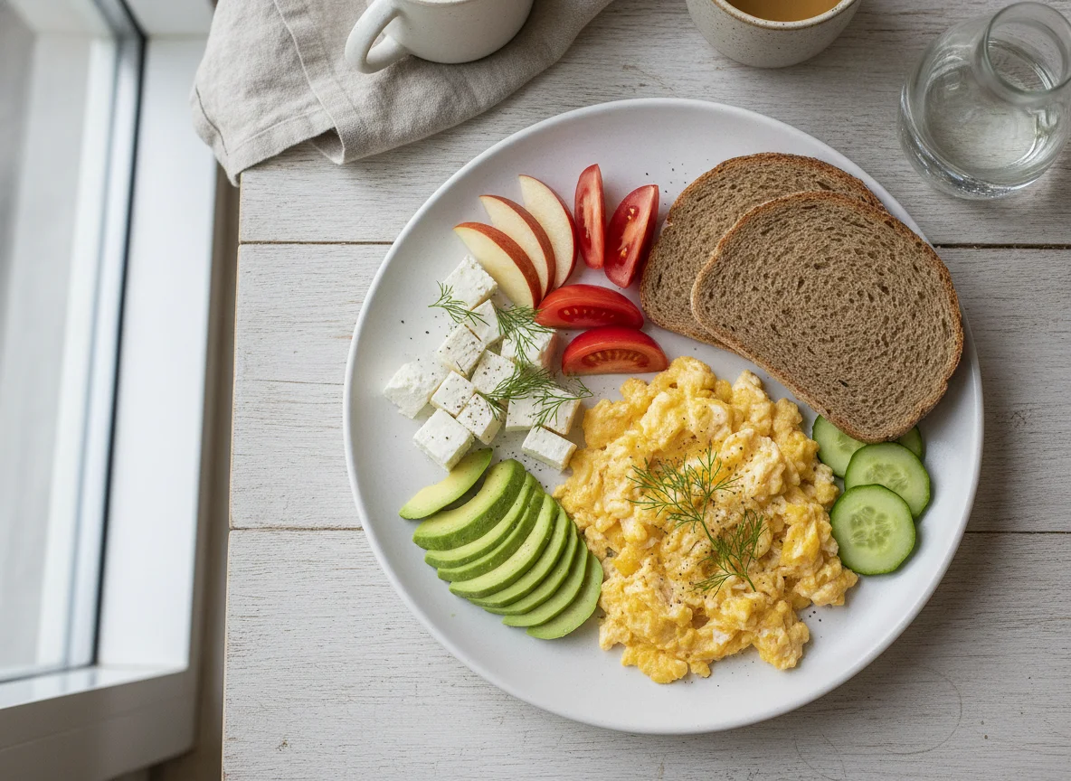 Breakfast plate with scrambled eggs, rye bread, and vegetables photo