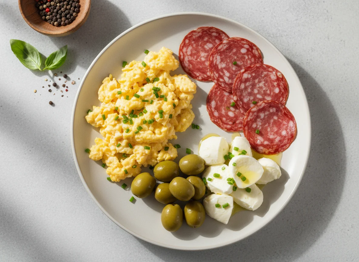 Breakfast Plate with Scrambled Eggs, Salami, Olives, and Cheese photo