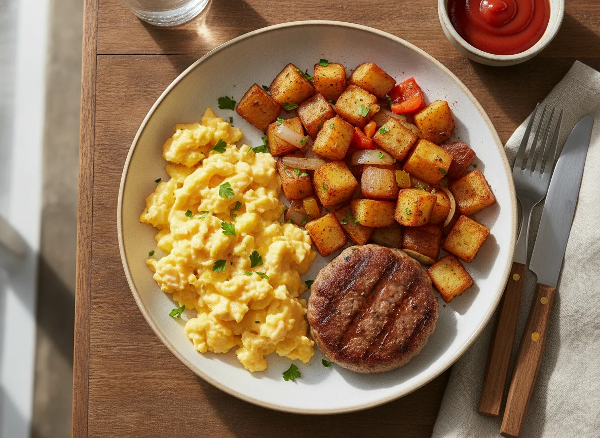 Breakfast plate with scrambled eggs, sausage, and home fries photo