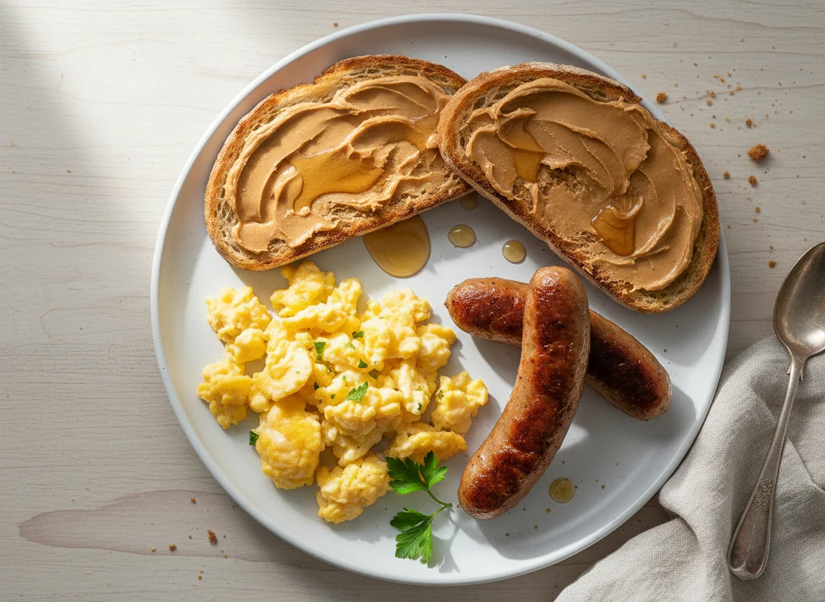 Breakfast Plate with Scrambled Eggs, Sausage, and Peanut Butter Toast photo