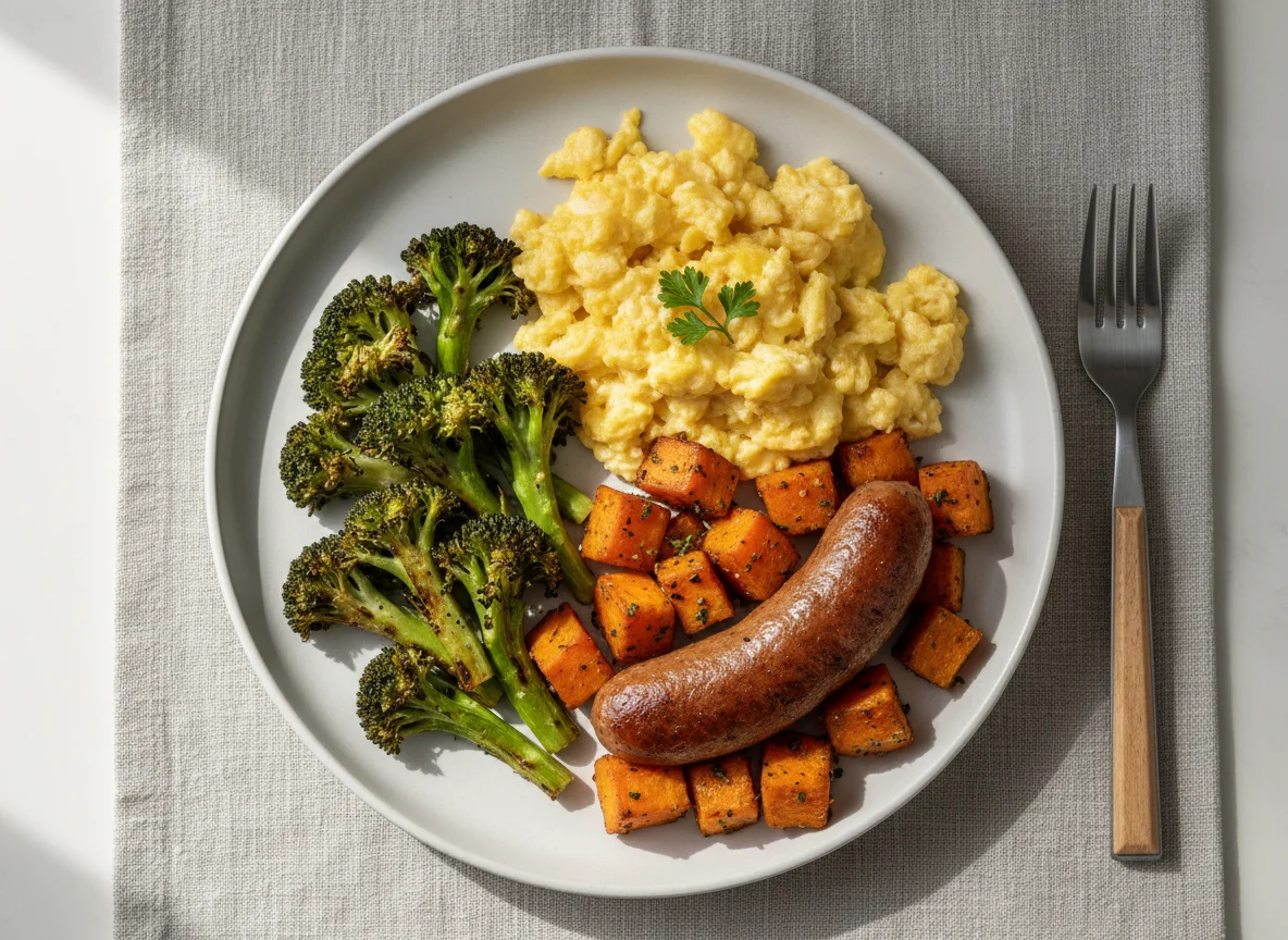 Breakfast Plate with Scrambled Eggs, Sausage, Sweet Potato, and Broccoli photo
