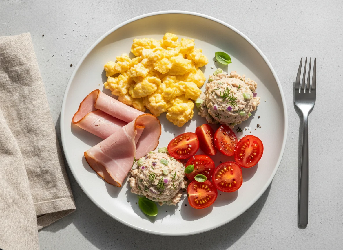 Breakfast Plate with Scrambled Eggs, Smoked Ham, Tuna Salad, and Tomatoes photo