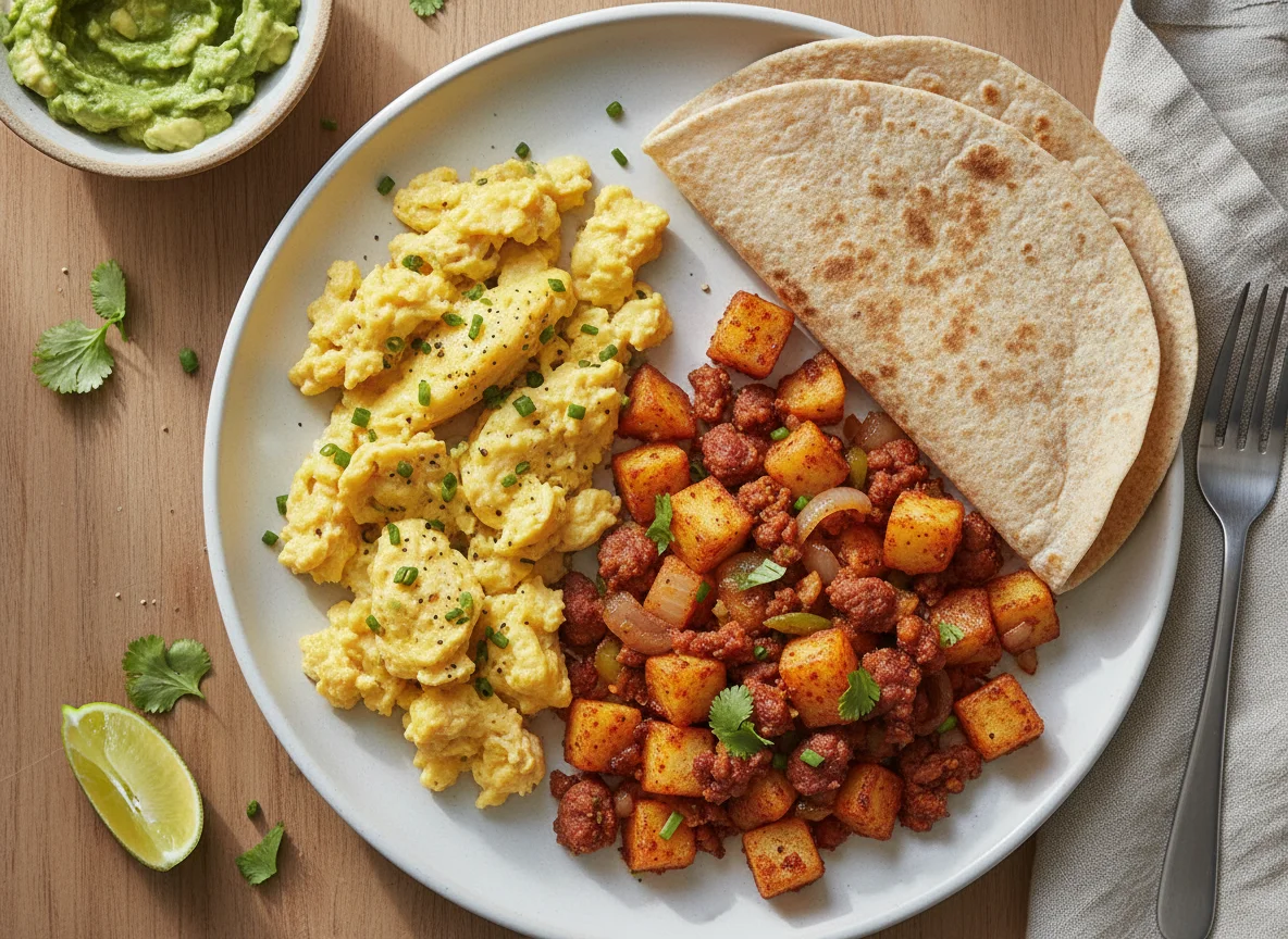 Breakfast Plate with Scrambled Eggs, Spicy Potato Dish, and Tortilla photo