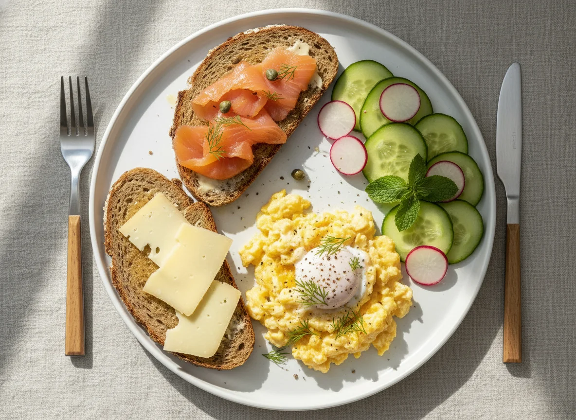 Breakfast Plate with Scrambled Eggs, Toast, and Cucumber photo