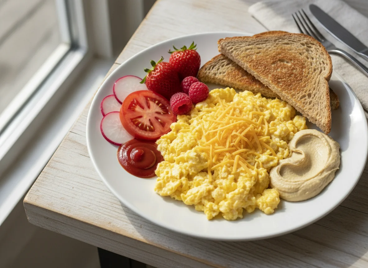 Breakfast Plate with Scrambled Eggs, Toast, and Fruit photo