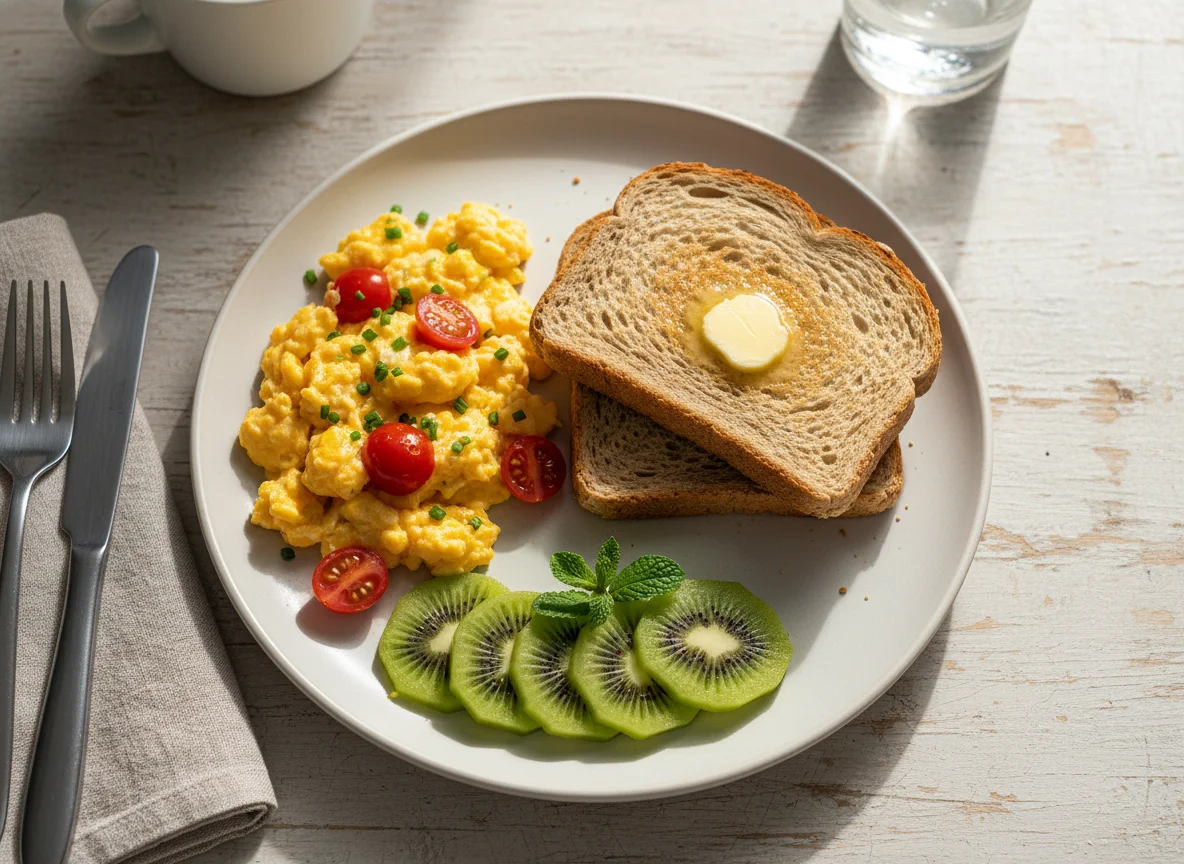 Breakfast Plate with Scrambled Eggs, Toast and Kiwi photo
