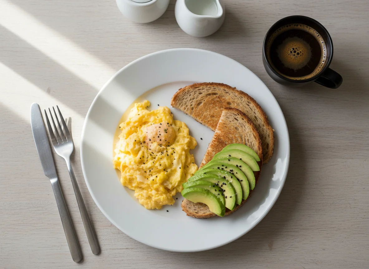 Breakfast Plate with Scrambled Eggs, Toast, Avocado, and Coffee photo