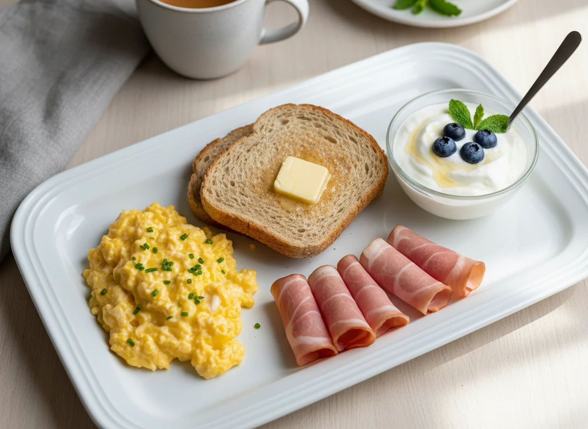 Breakfast plate with scrambled eggs, toast, ham, and yogurt photo
