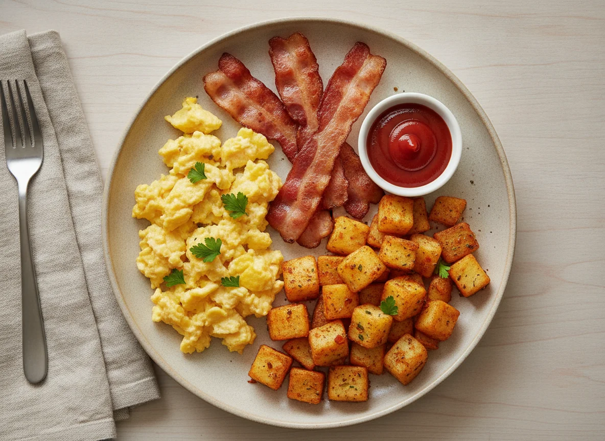 Breakfast plate with scrambled eggs, turkey bacon, and home fries photo