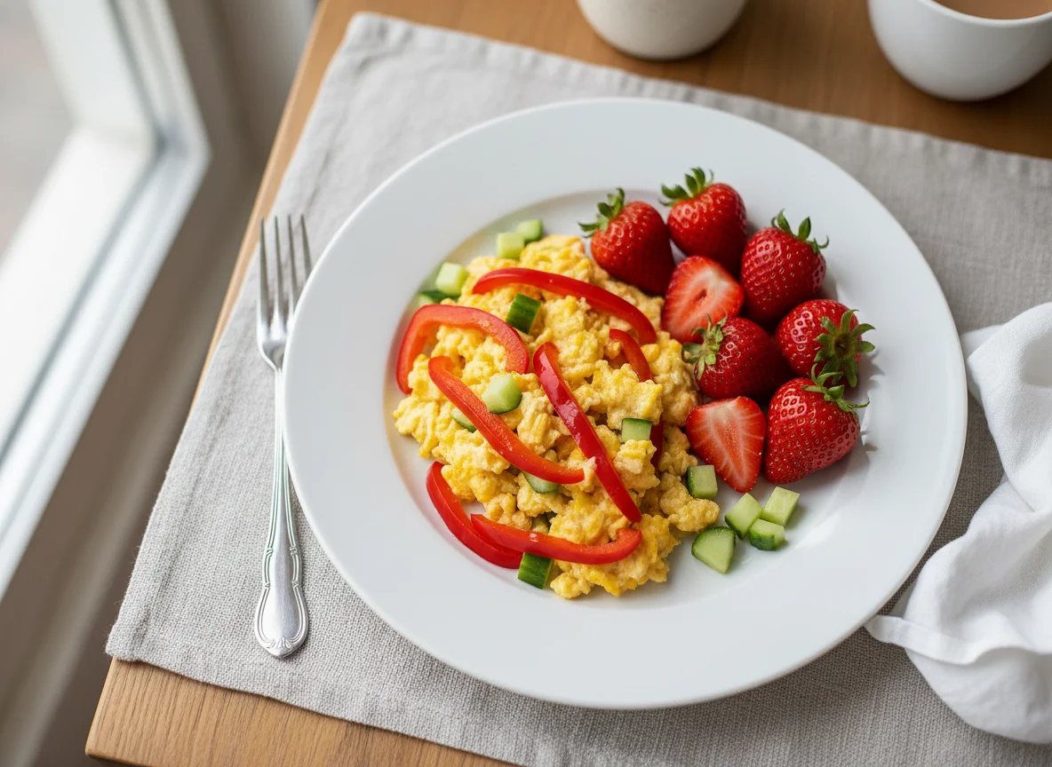 Breakfast plate with scrambled eggs, vegetables, and strawberries photo