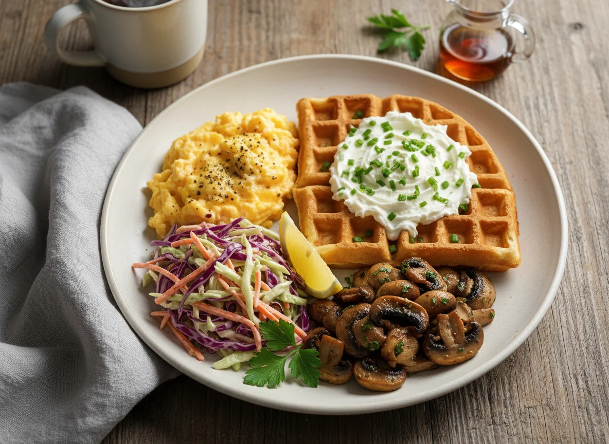 Breakfast Plate with Scrambled Eggs, Waffle, Coleslaw, and Mushrooms photo